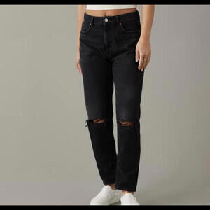 AMERICAN EAGLE black busted knee high rise straight leg jeans